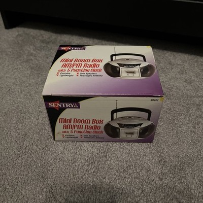 New Sentry Mini Boom Box AM/FM Radio 5 Function Clock Antenna Twin Speakers Slv