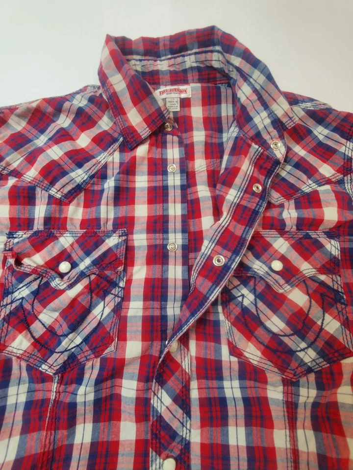 Camisa True Religion Para Hombres Grande Roja Azul Algodón A Cuadros Perla Occidental Logotipo a Presión Top Foto 3 de 4