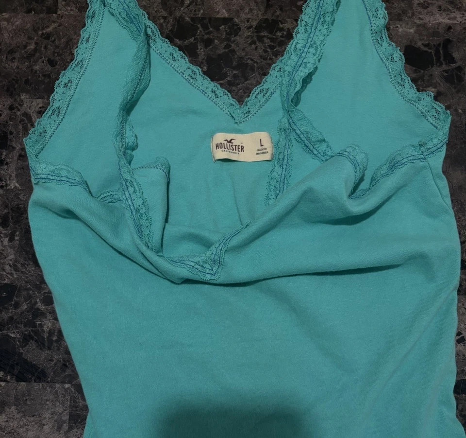 Camiseta sin mangas vintage Hollister con ribete de encaje talla L Babydoll coqueta Y2K azul verdoso Foto 4 de 4