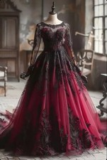 Vintage Gothic Black and Red Wedding Dresses Long Sleeves Lace Bridal Gowns