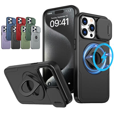 For iPhone 11 12 13 14 15 16 Pro Max Armor Stand Mag Safe Case Slide Lens Cover