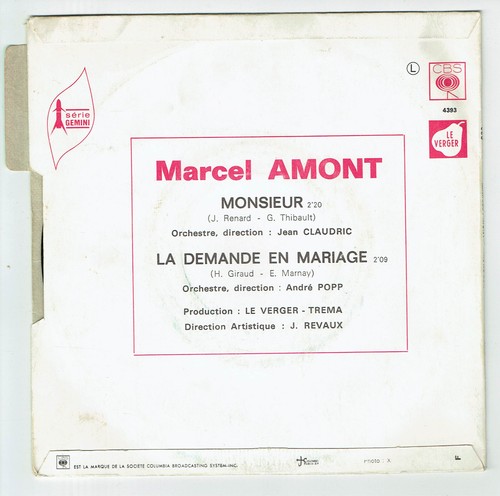 Marcel AMONT Vinyle 45T 7" MONSIEUR - LA DEMANDE EN MARIAGE - CBS 4393 Languette - Imagen 3 de 3