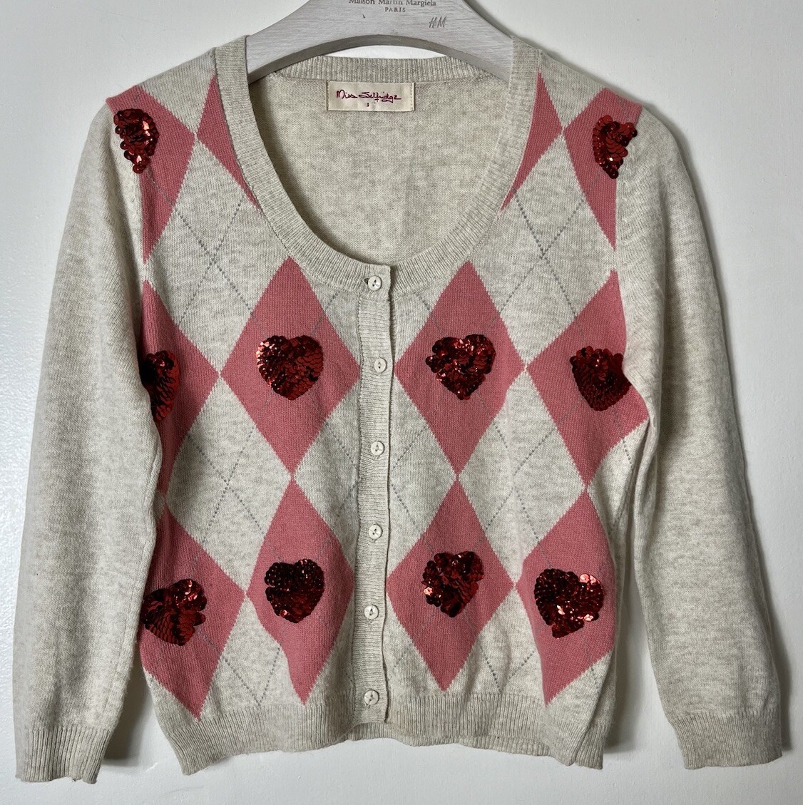 MISS SELFRIDGE sequin Love Heart Angora Blend Diamond Cardigan Jumper Size  UK