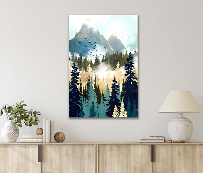 Birds Flying Over Misty Pine Forest Hills 40x60cm Canvas or Metal Print Wall Art