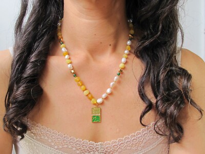 Baltischer Bernstein roh ''Faye'' Halskette mit Jade Süßwasserperlen Schmuck