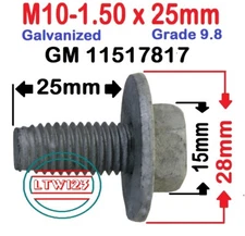 (2 Pieces) M10-1.50 x 25mm Fender/Body Bolts Gr9.8 Galvanized GM 11517817