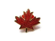 Red Shiny Maple Leaf Pin Gold Tone