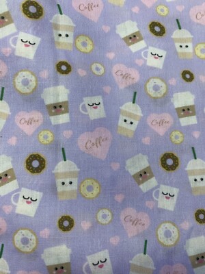 Coffee love donut cute kawai cafe pastel Lightweight Polycotton fabric 1/2 yard