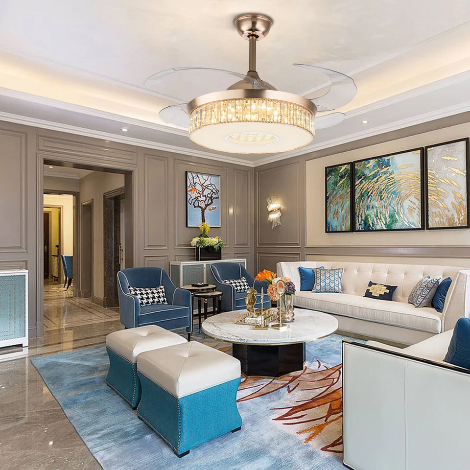 42'' Retractable Ceiling Fan Light LED Dimmable Crystal Chandelier + Remote New - Image 3 of 4