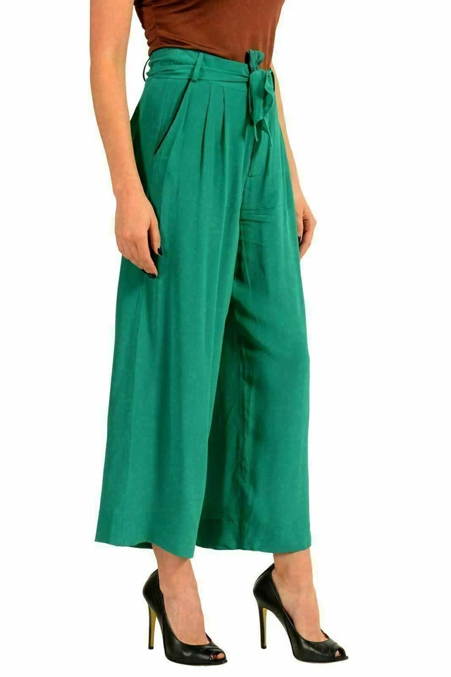 Pantalones para mujer Just Cavalli 100 % seda verde cinturón recortados pierna ancha EE. UU. 4 IT 40 Foto 2 de 4