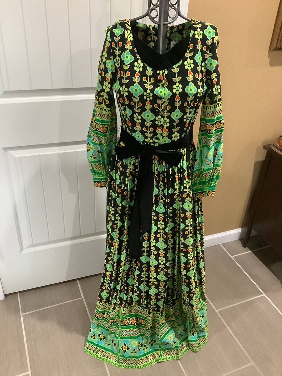Vintage Jennifer Dallas Floral Long Sleeve Maxi Dress Black Velvet Accents Sm