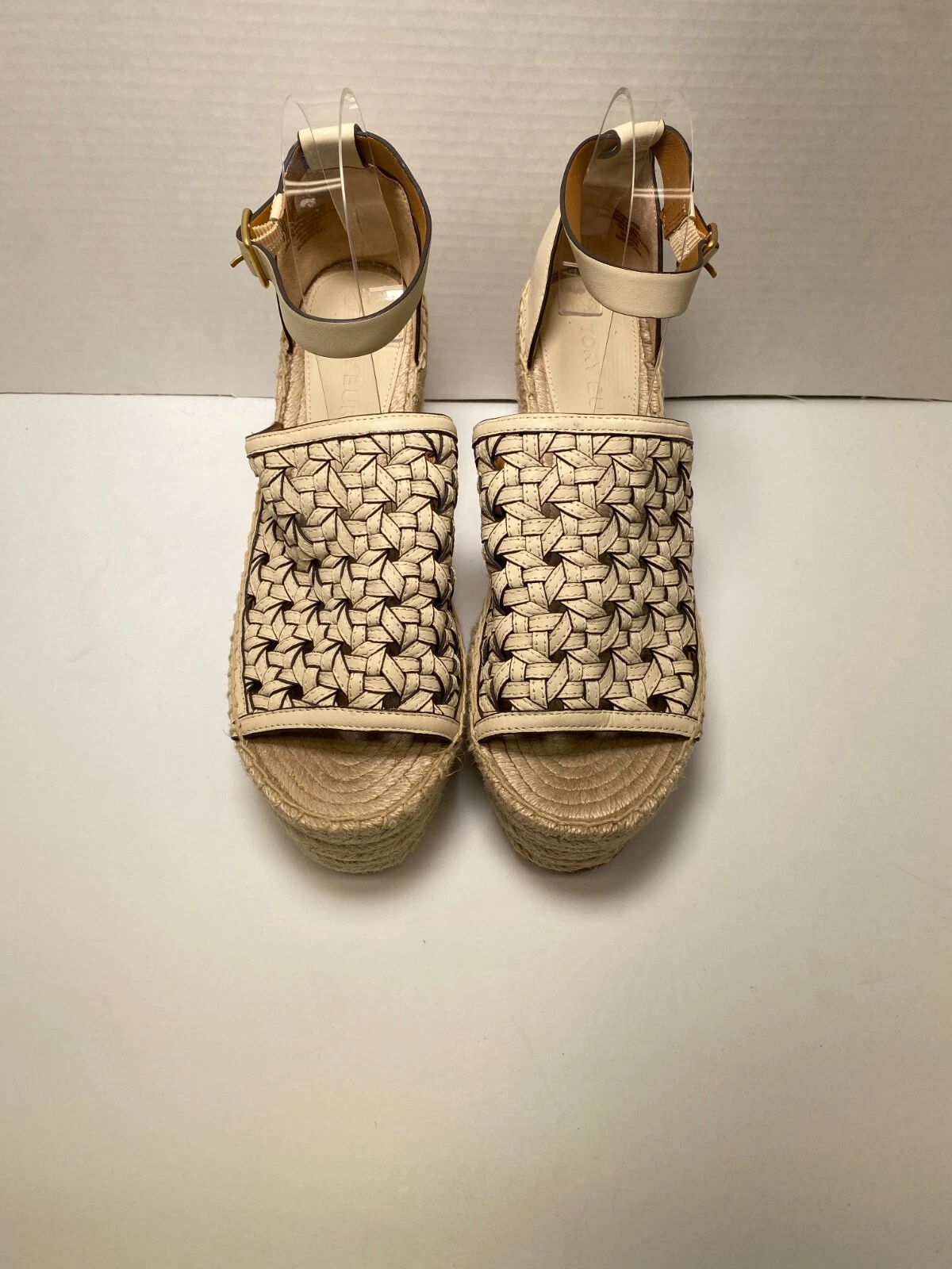 Sandalo plateau Tory Burch tessitura cestino espadrilla farina di mandorle zeppe taglia 10