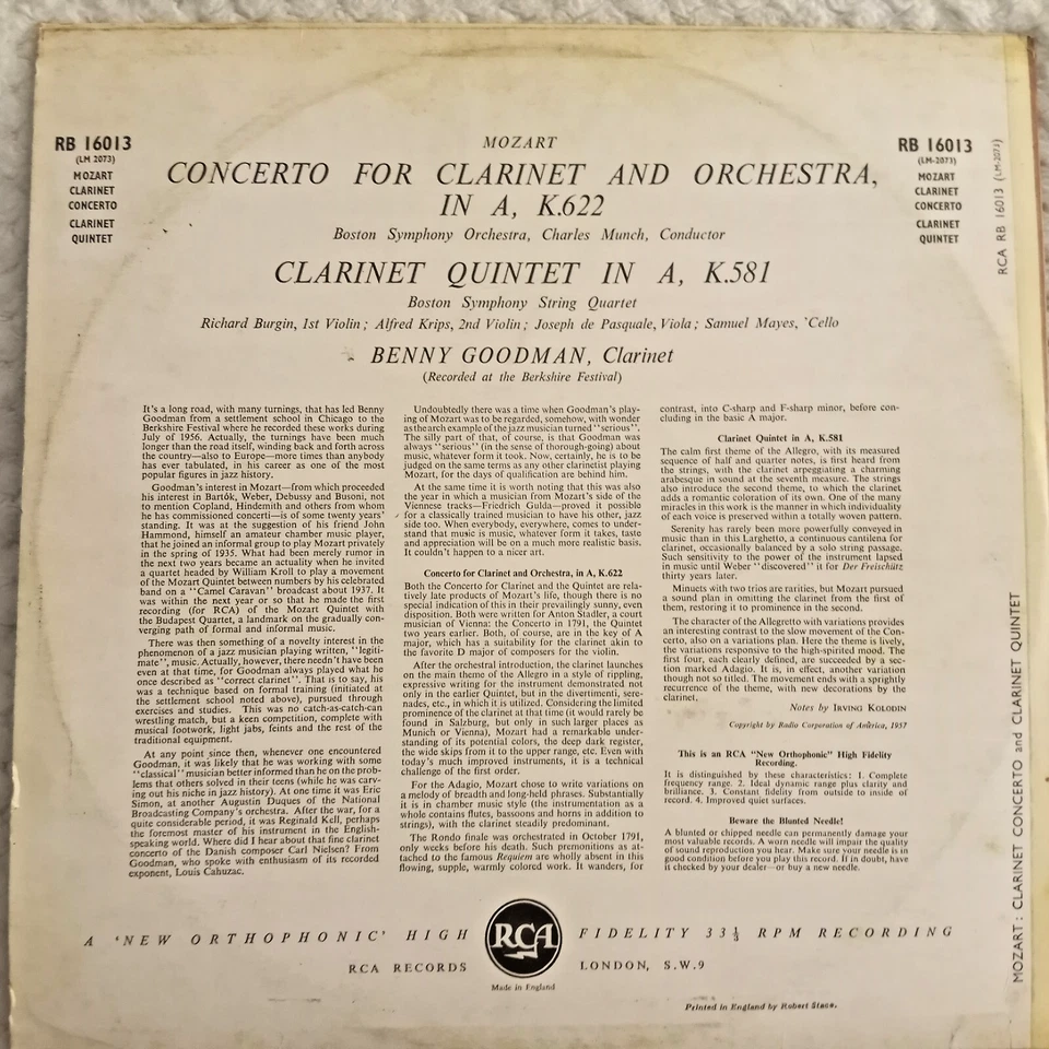 Mozart Concerto for Clarinet & Orch- Benny Goodman, LP RCA UK Mono Import M-/VG+ - Image 2 of 3