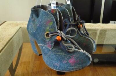 JOHN FLUEVOG PREPARES Tailor Blue Denim Splattered Platform Heels Shoes 9