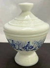 Vintage Milk Glass Glass Covered Dish, White with Blue Design Made in Belgium