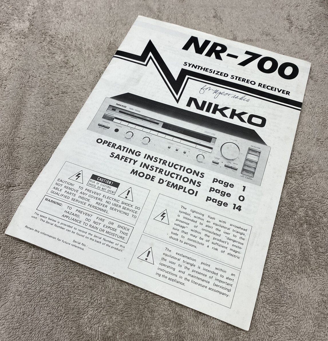 NIKKO NR-700 SYNTHESIZED STEREO RECEIVER INSTRUCTION BROCHURE J058