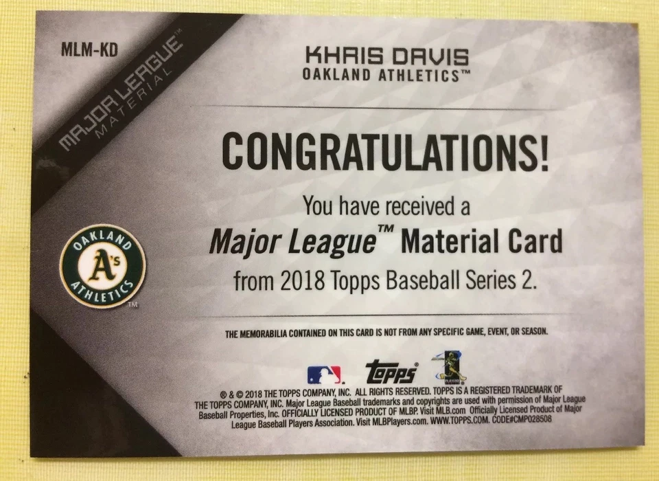 2018 Topps Khris Davis Green Jersey Relic Material Card Series 2 #MLM-KD /99 - Image 2 of 2