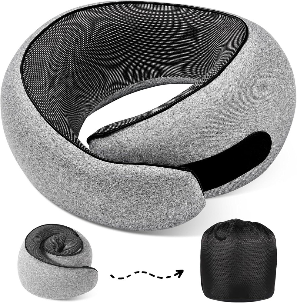 Memory Foam Travel Neck Pillow for Airplanes in Light Gray