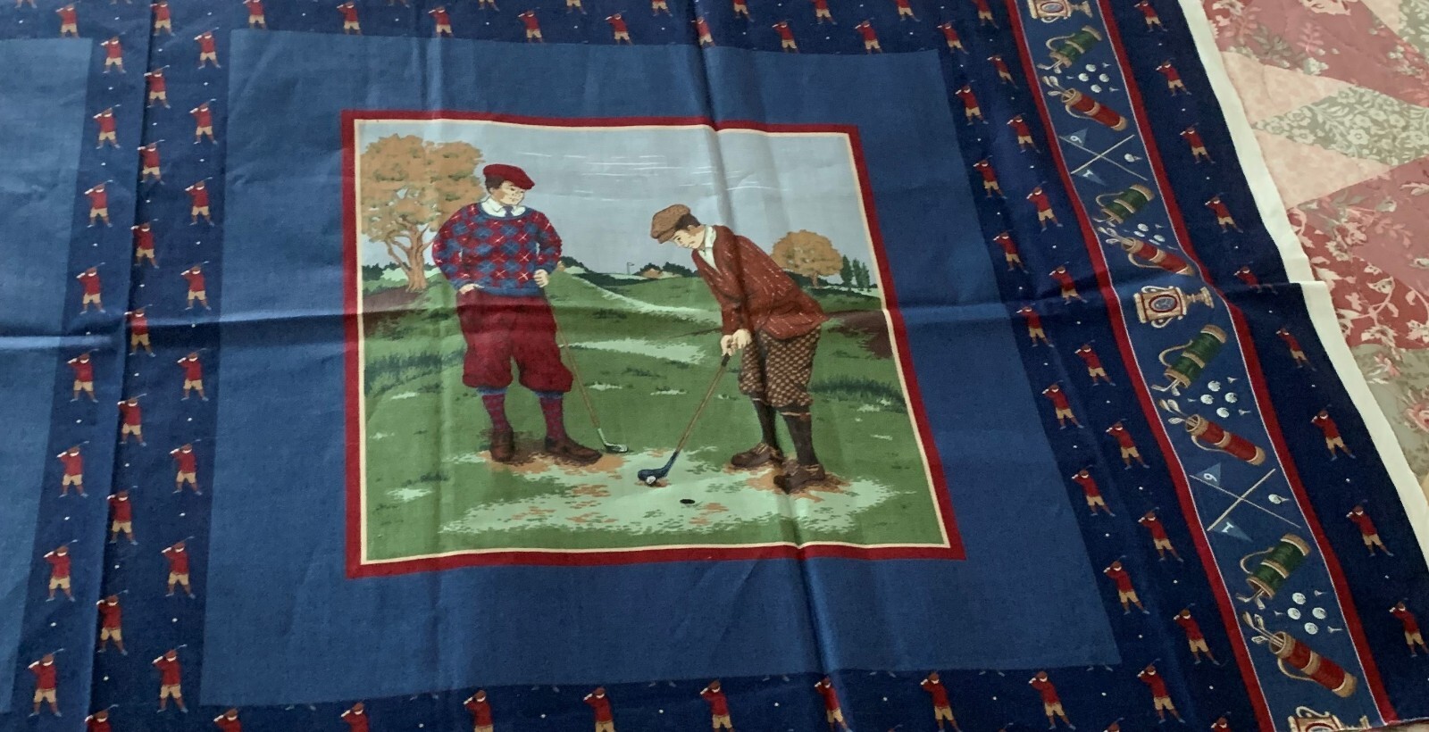 Cranston VIP Cotton Fabric Panel  Golfer Pillow Blues 15 in Duffers In Knickers