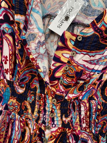 Rockmans Button Thru Midi Dress Womens 14 Blue Pink Paisley Shirred Boho NEW - Picture 2 of 12