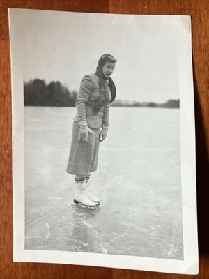 Bundled Up Woman On Ice Skates Skating Vtg Found Photo Circa 1950s 5 x 3