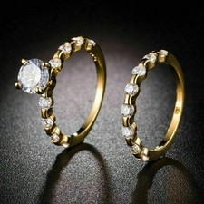 2Ct Round Cut Simulated Diamond Wedding Bridal Ring Set 14k Yellow Gold Plated