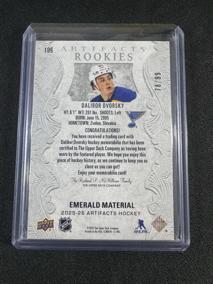 DALIBOR DVORSKY 2025-26 ARTIFACTS ROOKIES EMERALD MATERIAL COLOR PATCH #196 /99 - Image 2 of 2