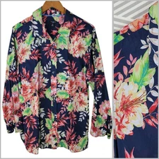 Talbots Button Up Top Plus Size 2X Lightweight Navy Floral Career Pink Tropical