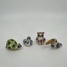 Lot 4 Tonala Mexican Pottery Toucan Quail Owl Snail Figurines Mini Handpainted