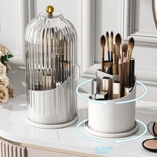 360 Rotating Makeup Brush Holder, Clear Cosmetic Organizer with Lid Handle