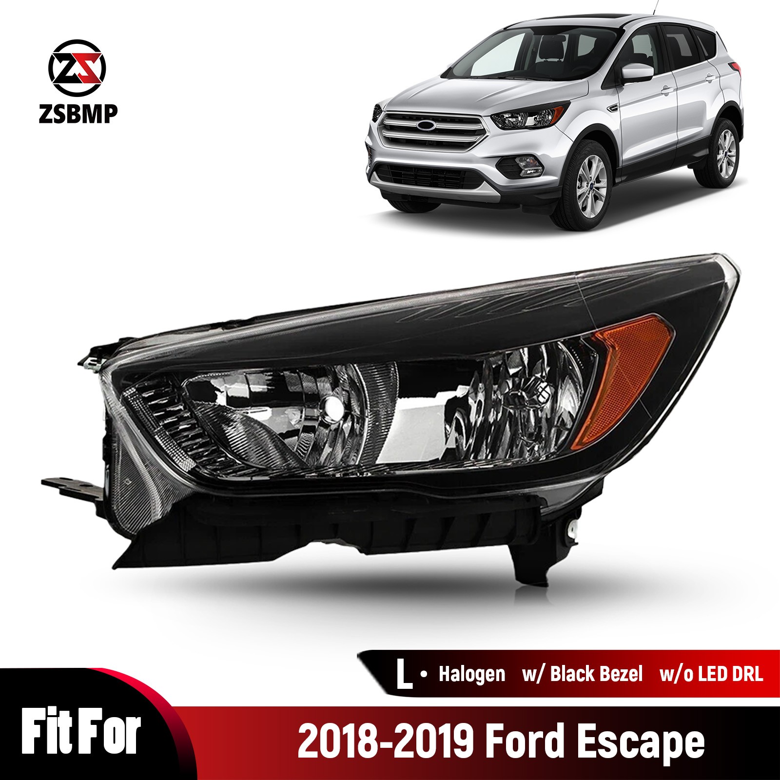 For 2018-2019 Ford Escape Halogen Headlight w/Bulb w/o LED DRL Black Left Side