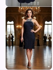 Xscape Navy Halter Crystal-Embellished Ruched Cocktail Dress