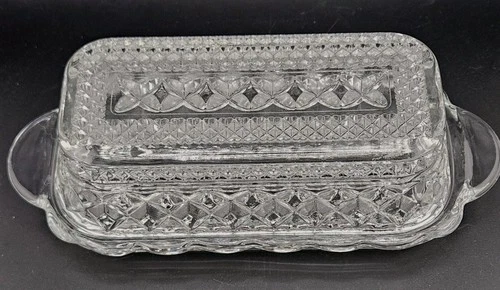 VINTAGE ANCHOR HOCKING "Wexford" Butter Dish Diamond Cut Glass Lid 8"L