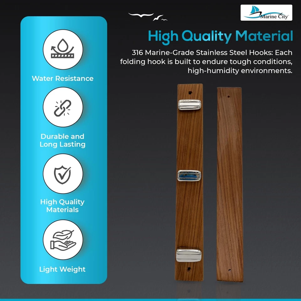 Gancho Estante con Base de Madera de Teca y Ganchos Plegables de Acero Inoxidable 316, Duradero... Foto 3 de 4