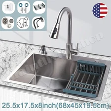 25.5" Kitchen Sink 304 Stainless Steel Single Bowl Drop In Top Mount Faucet