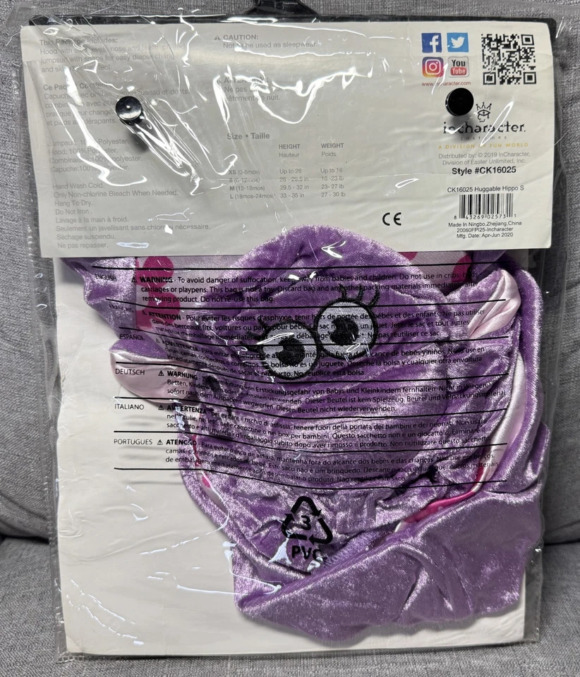 Lindo disfraz de hipopótamo abrazable para bebé InCharacter talla S (6-12 meses) púrpura #120 Foto 3 de 4