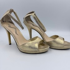 Nina Gold Rhinestone Ankle Strap Heels Women's 7.5M Formal Evening Shoes
