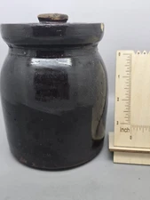 Vintage Stoneware Crock Fruit Jar W Lid  Spiral Rope Design Brown Tones 5½" Tall