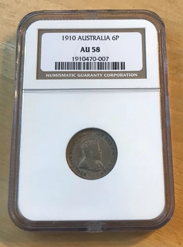 1910 Australia 6 Pence Silver Coin, Graded by NGC AU58