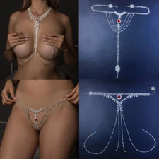 Rhinestone Sexy Body Chain Lingerie Red crystal Thong Panties Jewelry for women