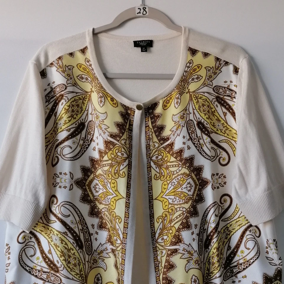 Cárdigan suéter Talbots para mujer marfil manga corta seda estampado cachemira talla 1X Foto 3 de 4