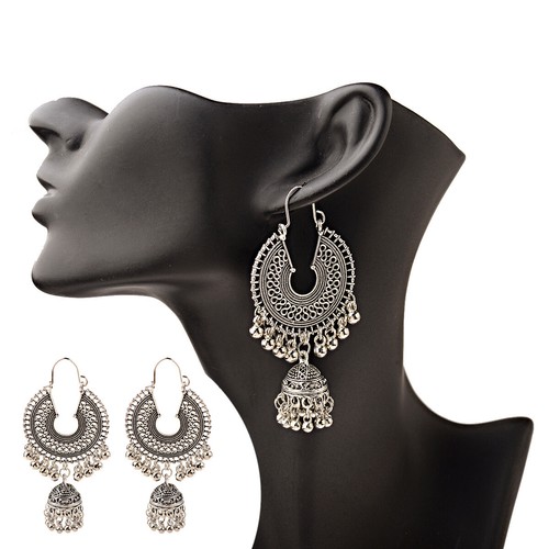 Moda Mujeres India Jhumki Cuentas de Plata Adorno Estilo Sudeste Asiático - Imagen 5 de 12