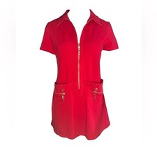 Christian Dior Vintage Red Zip Up Mini Dress Tunic Lock and Key Zipper Charm