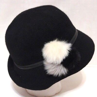 Women’s Black Wool Blend Bucket Hat Faux Fur Pompoms Cozy Winter Accessory Women main image 4