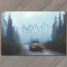 Art Print Creepy Floating Figures Misty Woods Abandoned Car Dark Suspense Mood