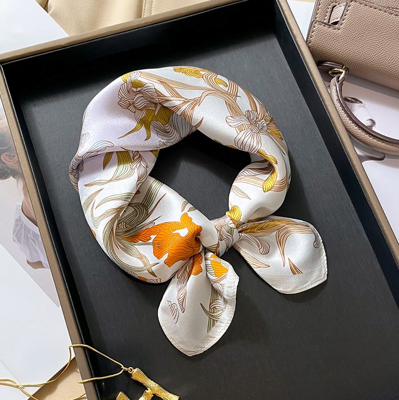 100% Mulberry Silk 20-Inch Square Scarf Yellow Floral Print Womens Neckerchief Wrap