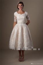 Vintage Short Wedding Dress Half Sleeves Tea Length Tulle Applique Bridal Gowns