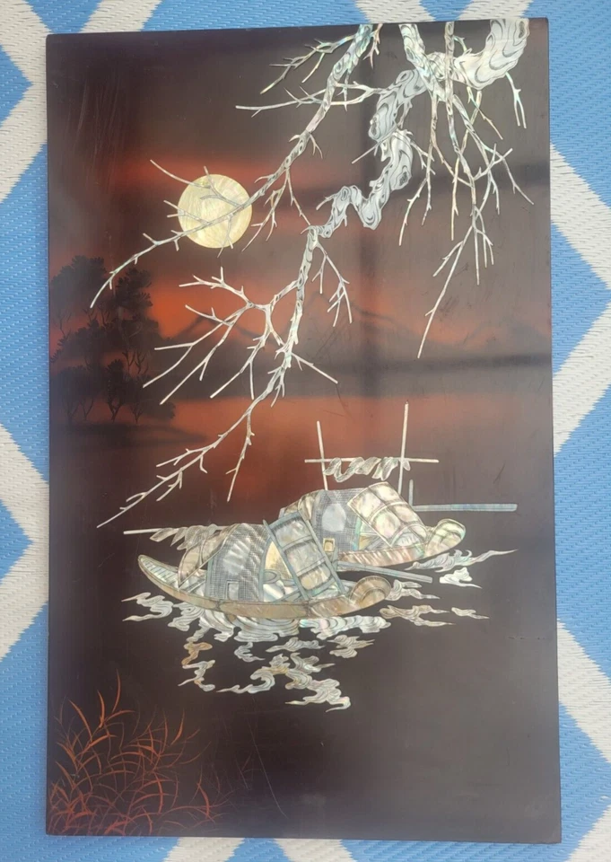 Vintage Vietnamese ' Mother Of Pearl Inlay Lacquered Wall Hanging ' Plaque - Image 4 of 4