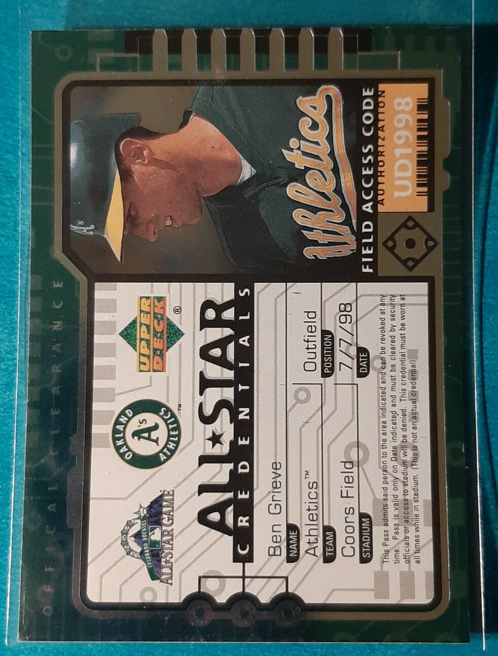 1998 UPPER DECK ALL STAR CREDENTIALS BEN GRIEVE #3 OAKLAND ATHLETICS