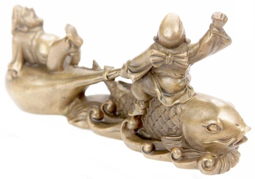 Vintage Japanese Bronze Scroll Weight Okimono Ebisu Daikoku Carp Minogame Statue - Picture 5 of 22
